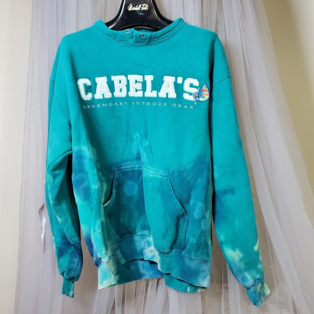 Cabela's Sweatshirt Womens L Teal Blue Pullover Tie Dye Boho Hippie Cabincore